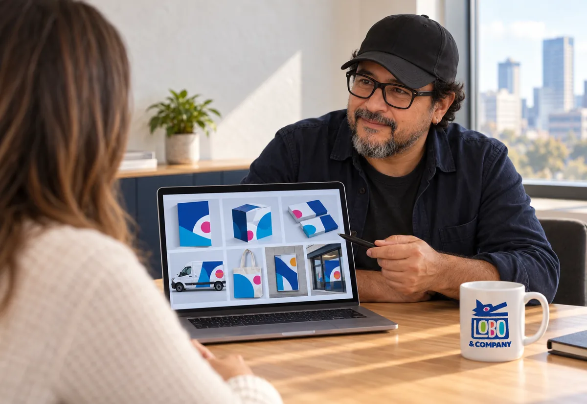 Designer showing print and packaging design mockups on a laptop to a client