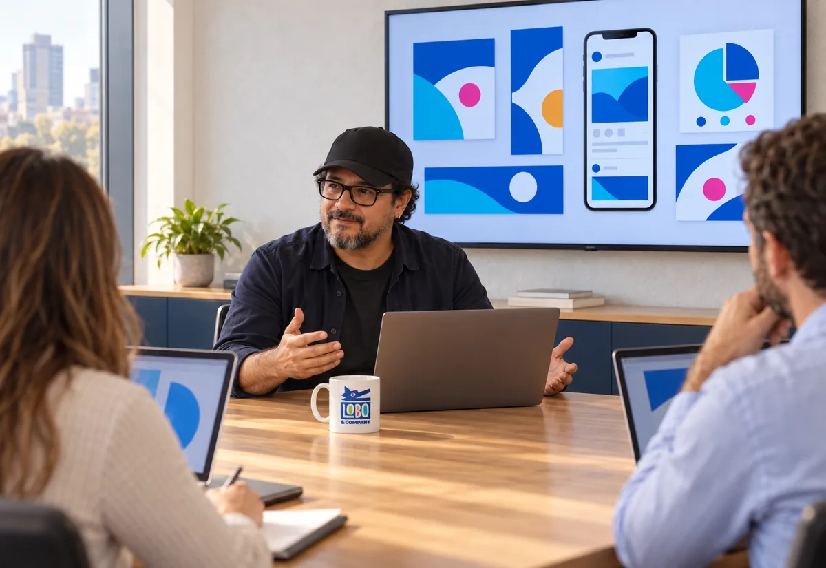 Designer presenting social media and ad creative on a wall screen to a marketing team
