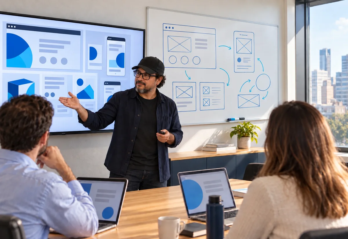Designer presenting website design concepts on a wall screen while a team follows along on laptops