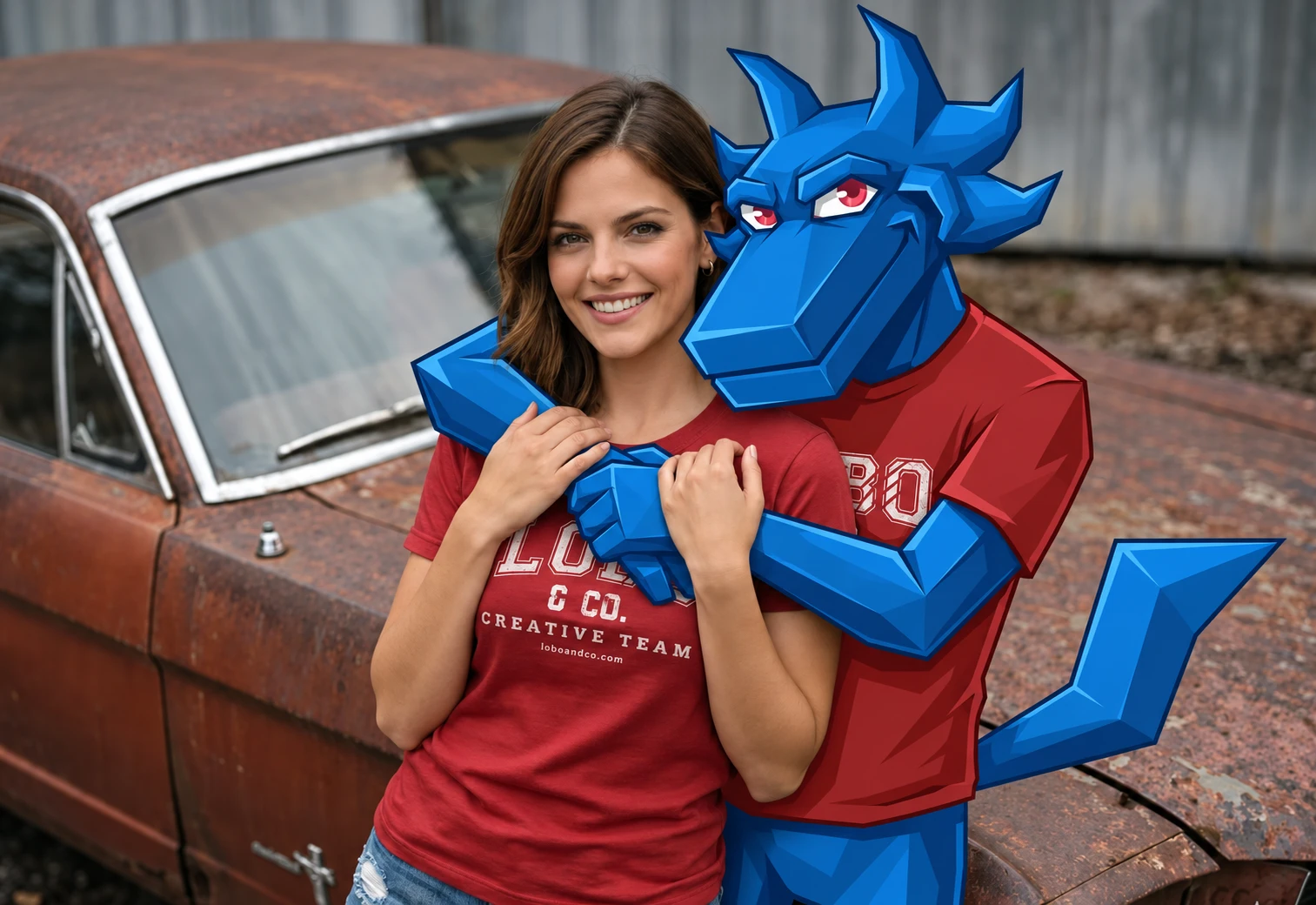 A smiling woman in a red Lobo & Co Creative Team tee, hugged by Lobo, the blue wolf mascot