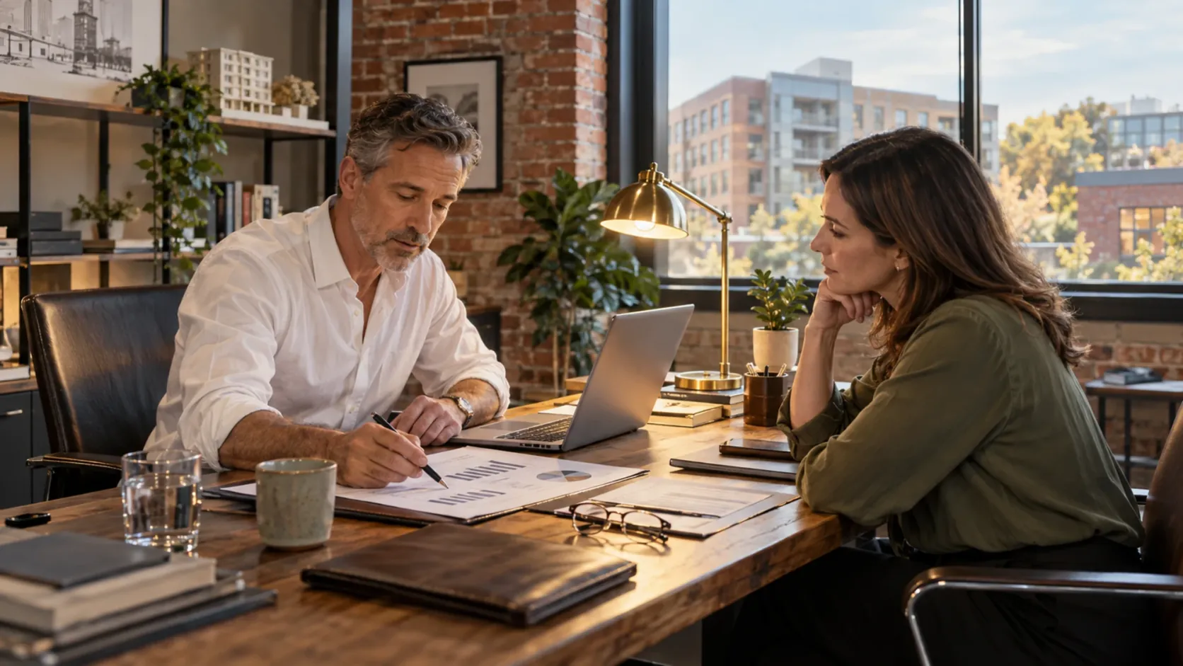 Advisor walking a client through printed charts in a brick-walled office