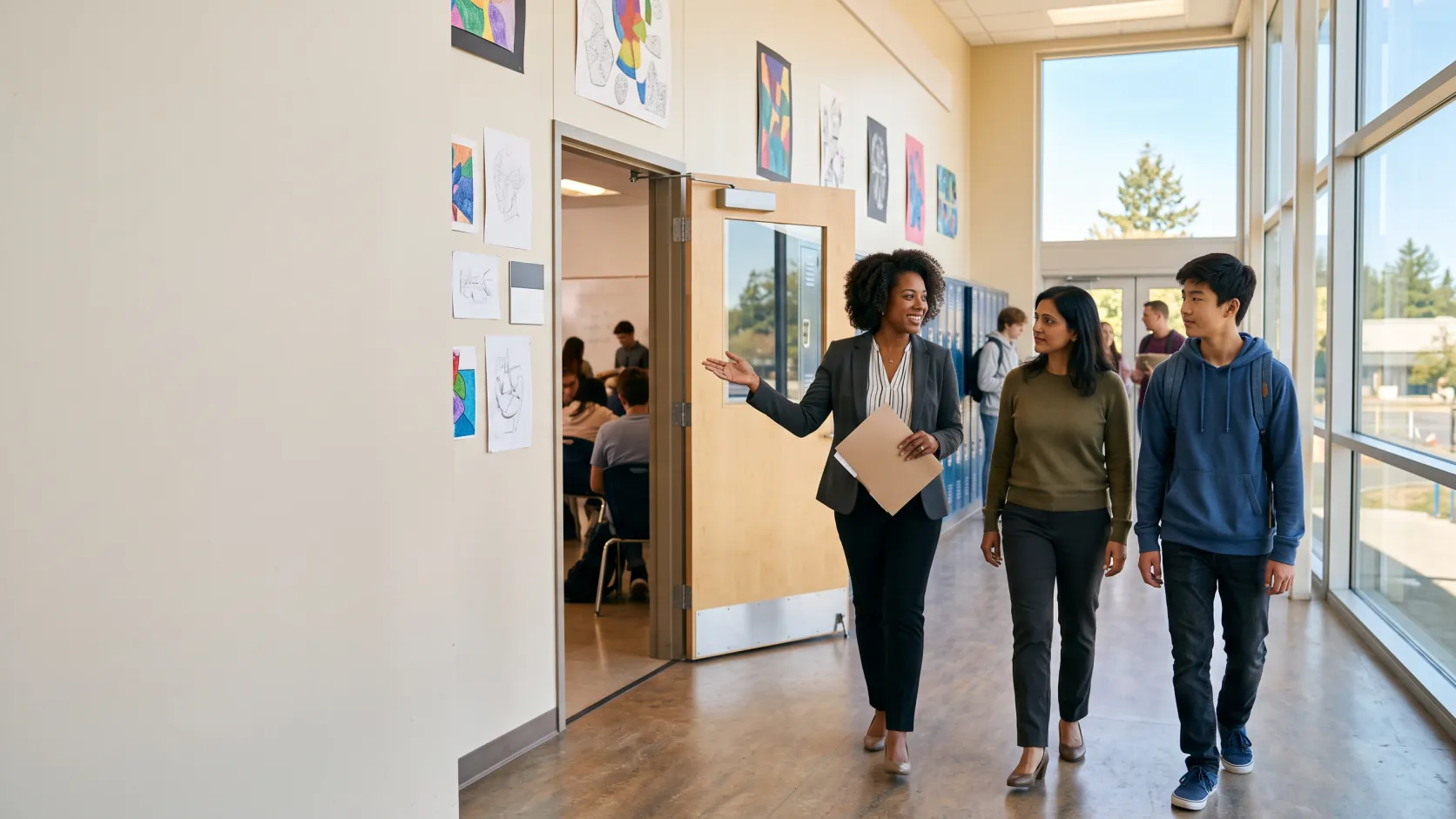 Admissions counselor walking a parent and a teenage student down a sunlit school hallway