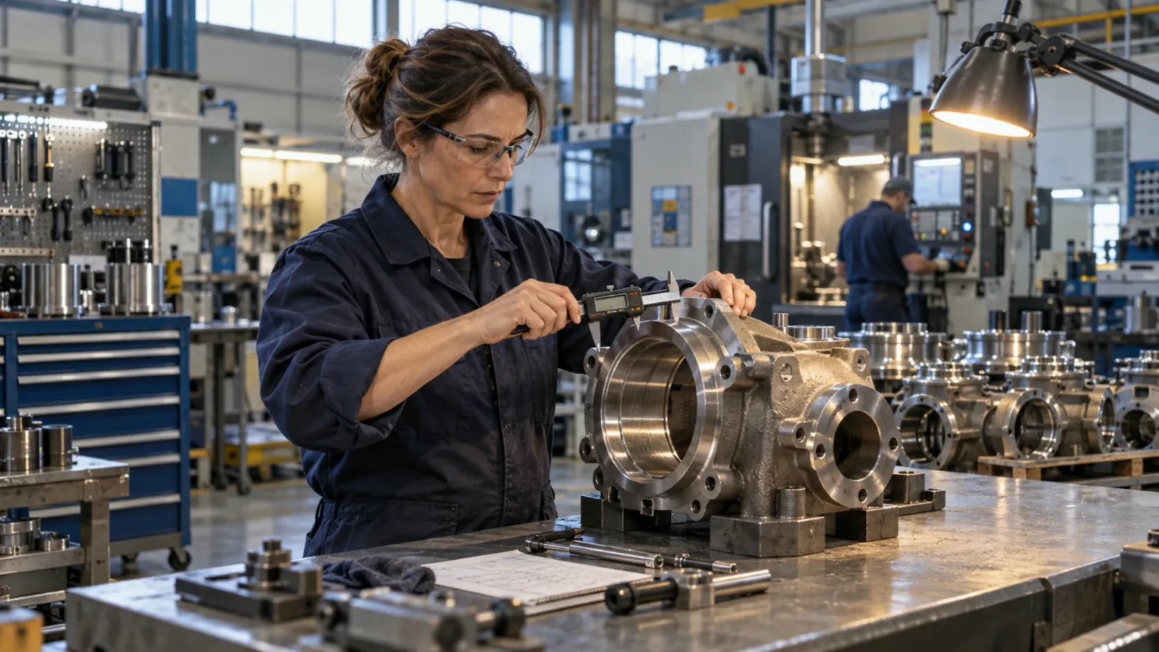 Machinist measuring a machined housing with a caliper on a shop floor
