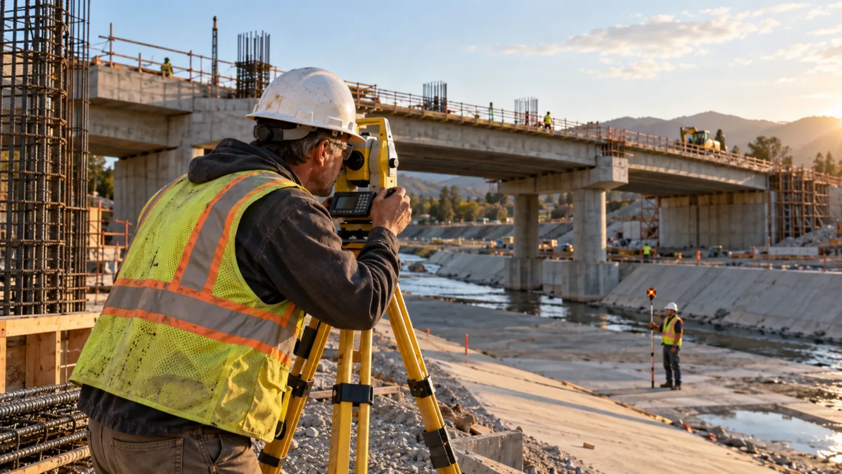 Surveyor sighting through a total station at a bridge construction site