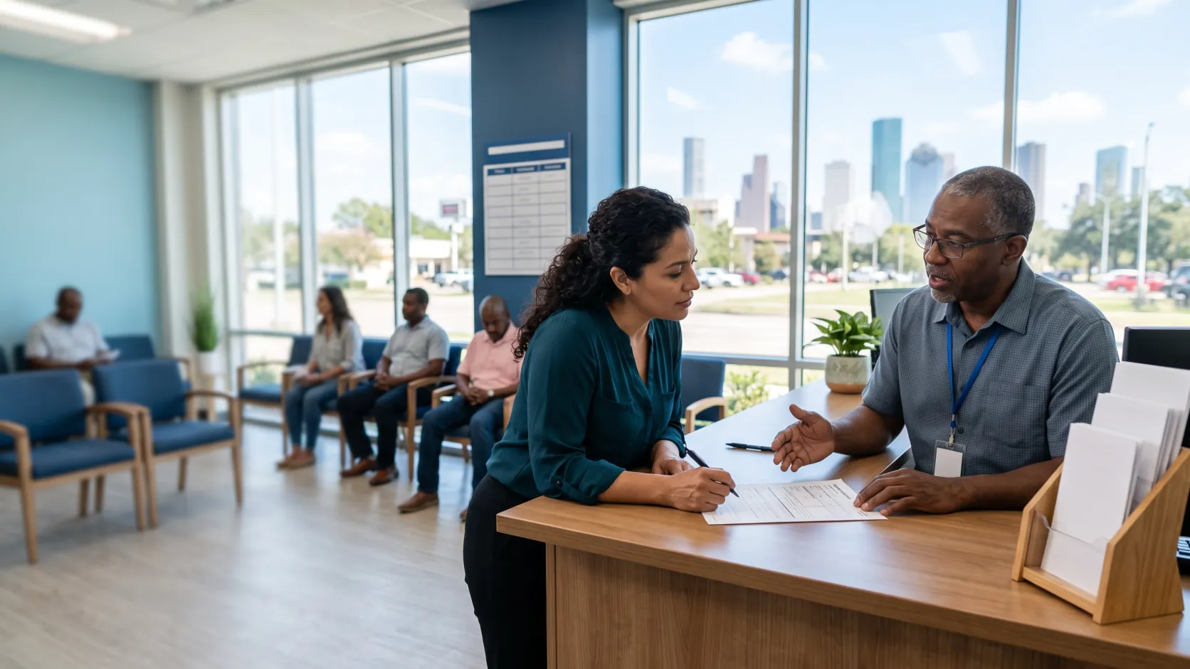 Agency staff member explaining a printed form to a resident at a bright service counter