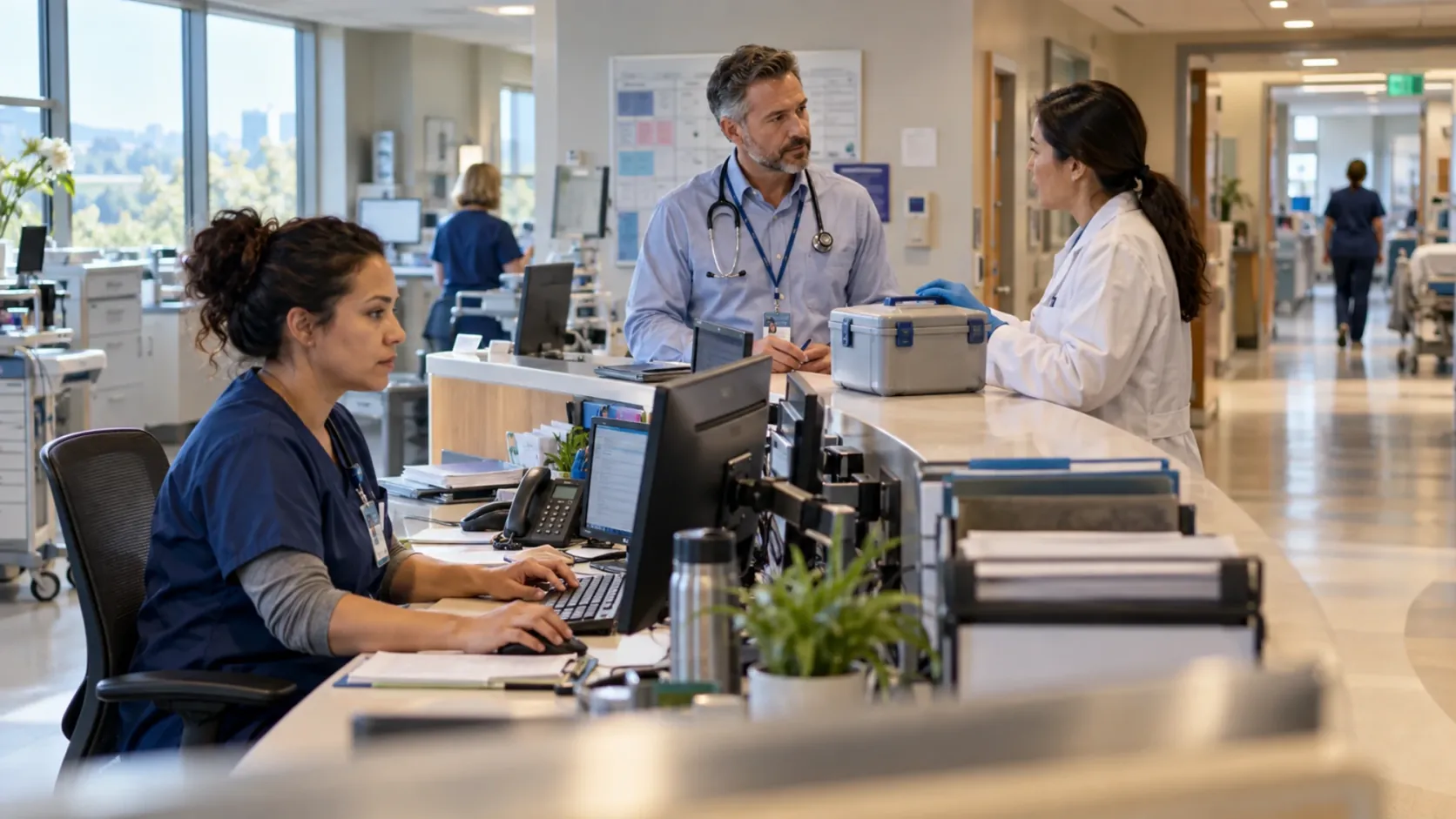 Clinical staff talking at a hospital nurses’ station while a nurse works at a computer