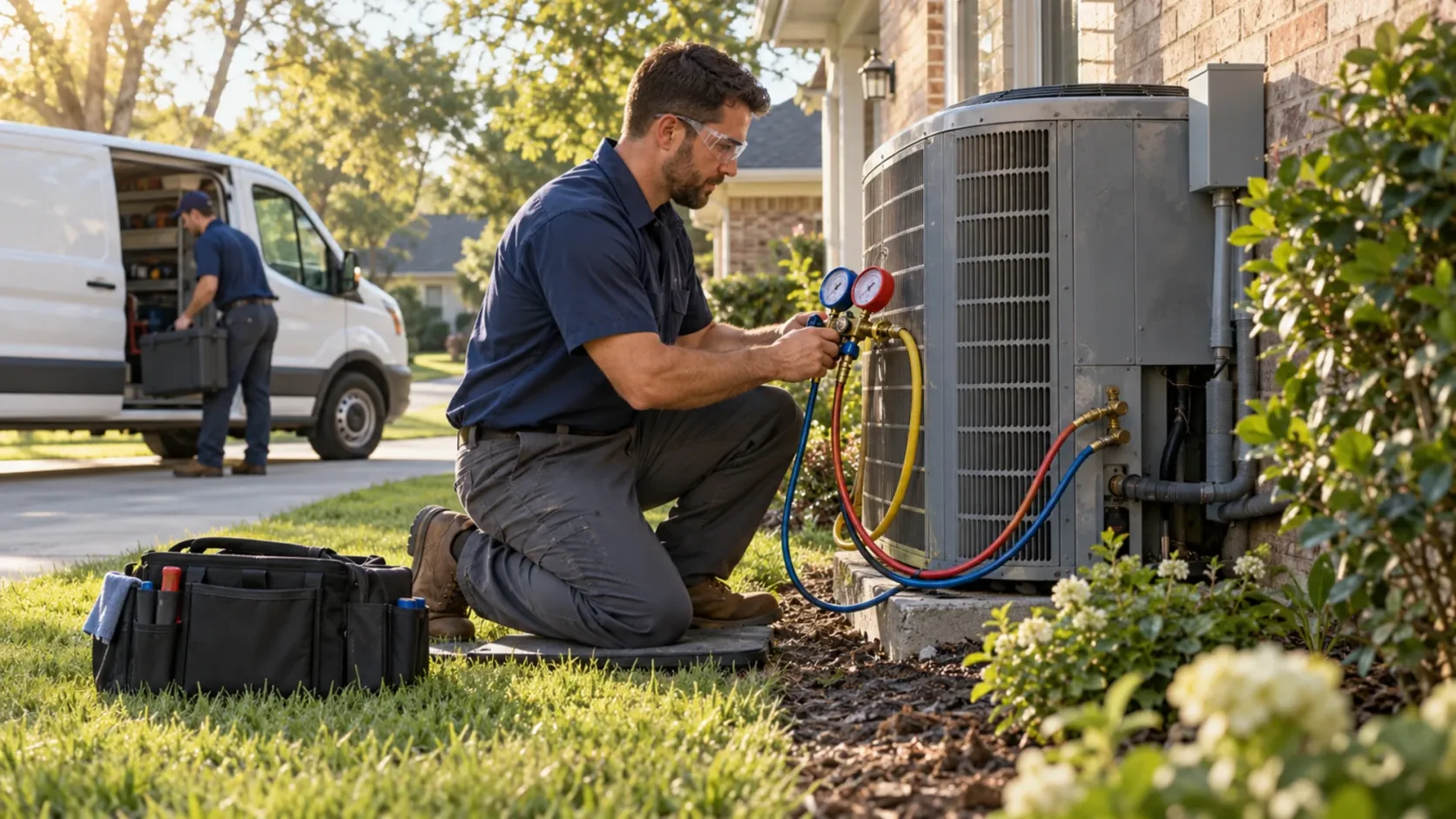 HVAC technician checking gauges on an outdoor unit beside a brick home