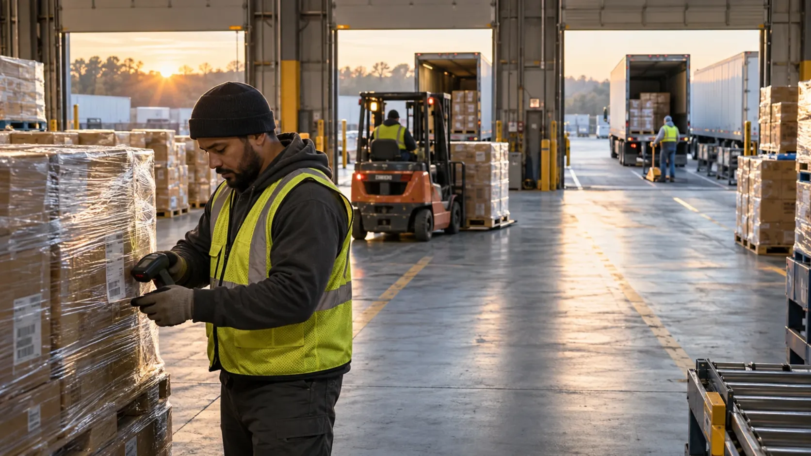 Warehouse worker scanning a pallet label at a loading dock at sunrise