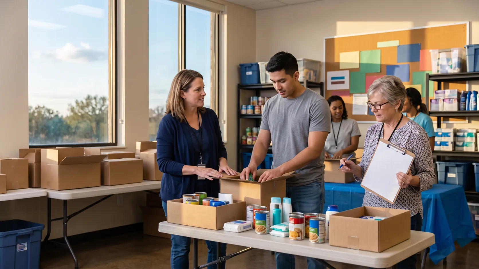 Staff member guiding two volunteers as they pack boxes of donated supplies at a community center table