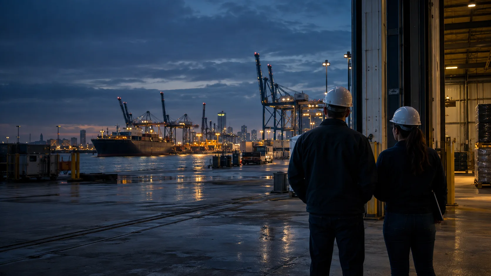 Two professionals looking toward a working Houston port at dusk