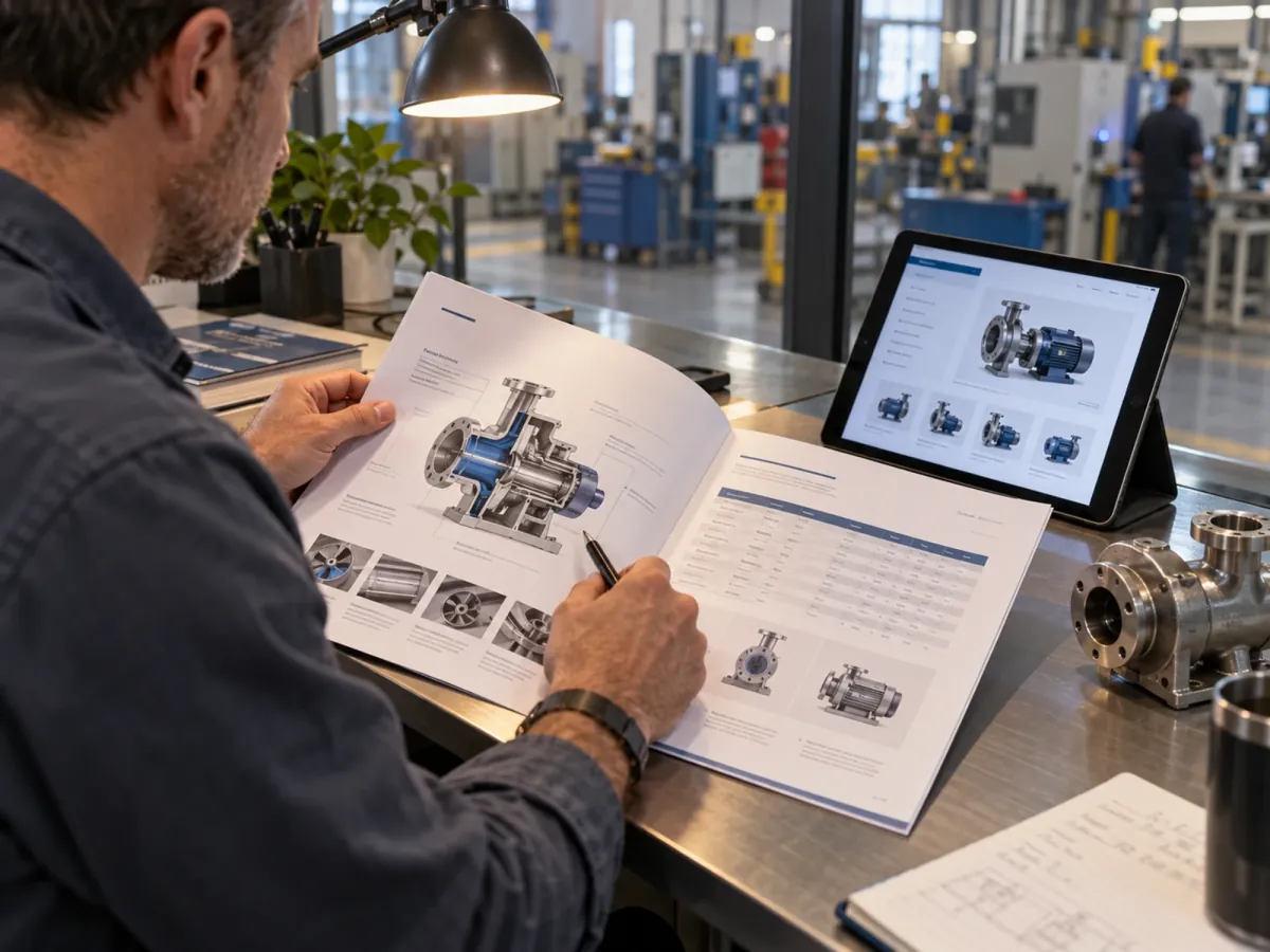Engineer reviewing a pump product brochure beside a tablet showing the matching product page