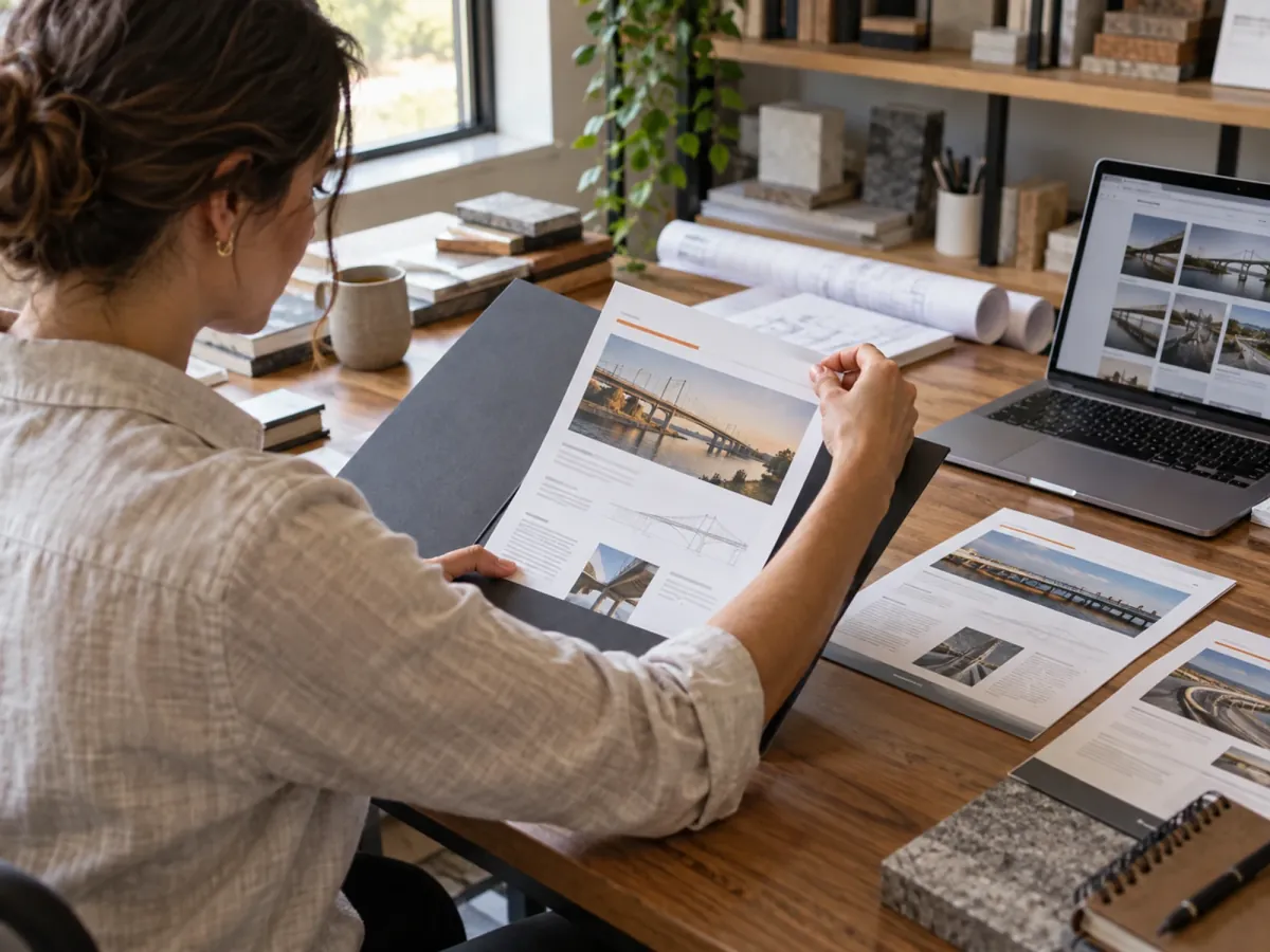 Marketing coordinator placing a bridge project sheet into a presentation folder beside matching pages