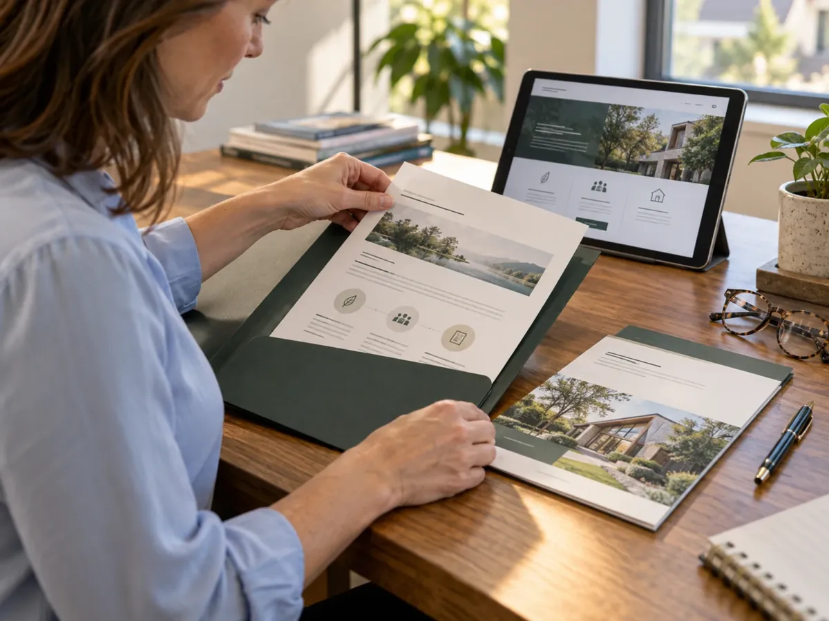 Advisor sliding a printed overview into a presentation folder beside a tablet showing the matching website