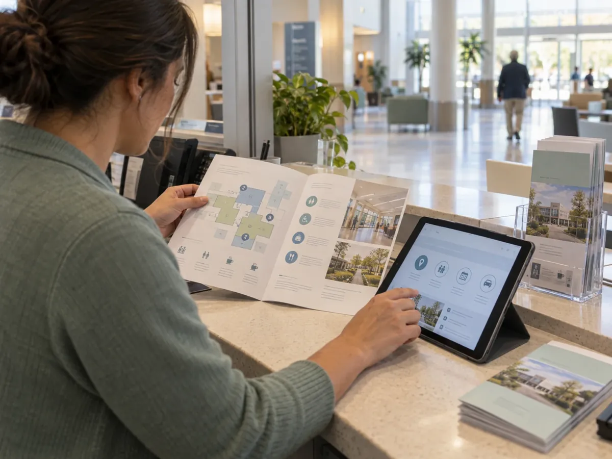 Staff member comparing a printed campus guide with the matching wayfinding screen on a tablet