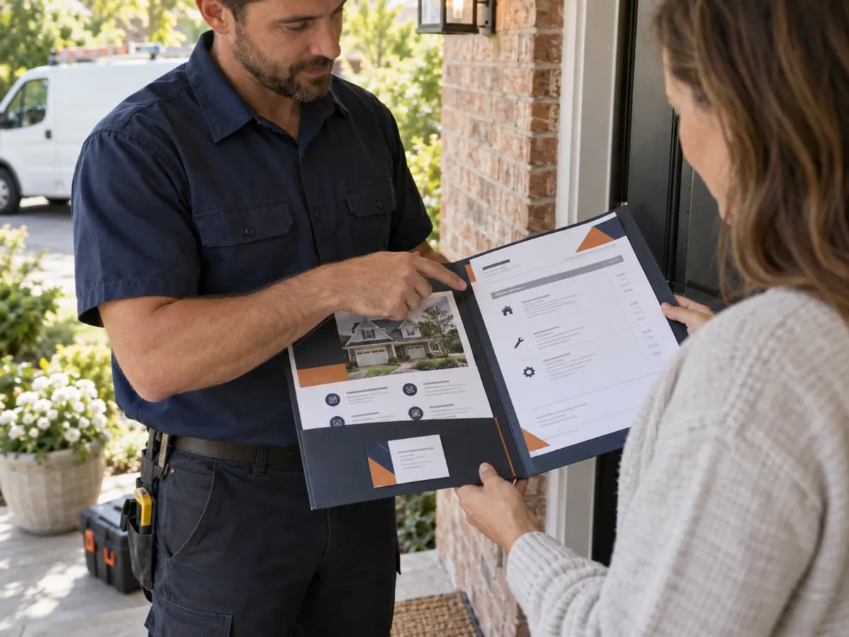 Technician walking a homeowner through a branded estimate folder at the front door