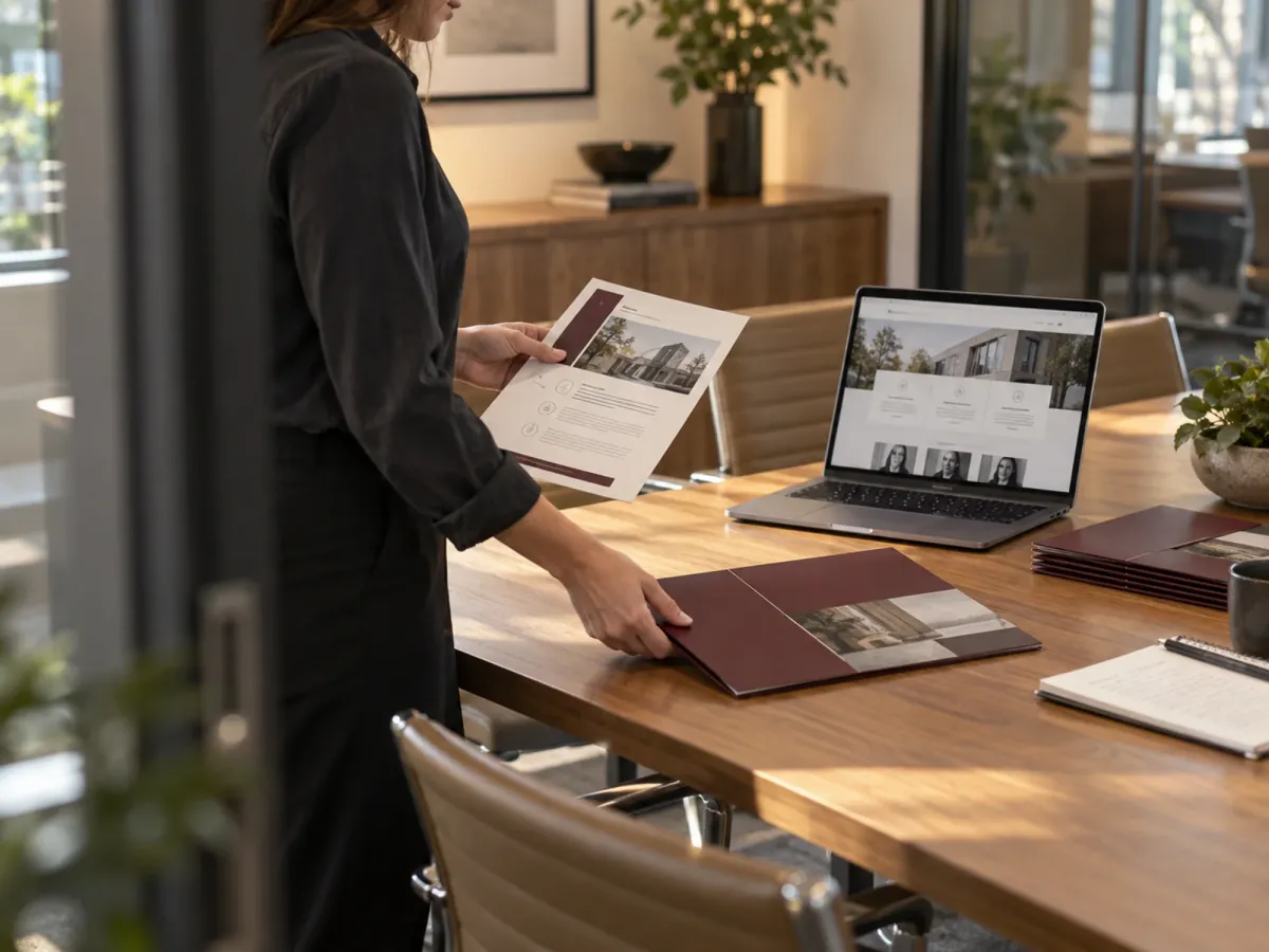 Professional arranging presentation folders and a one-page overview beside a laptop showing the firm website