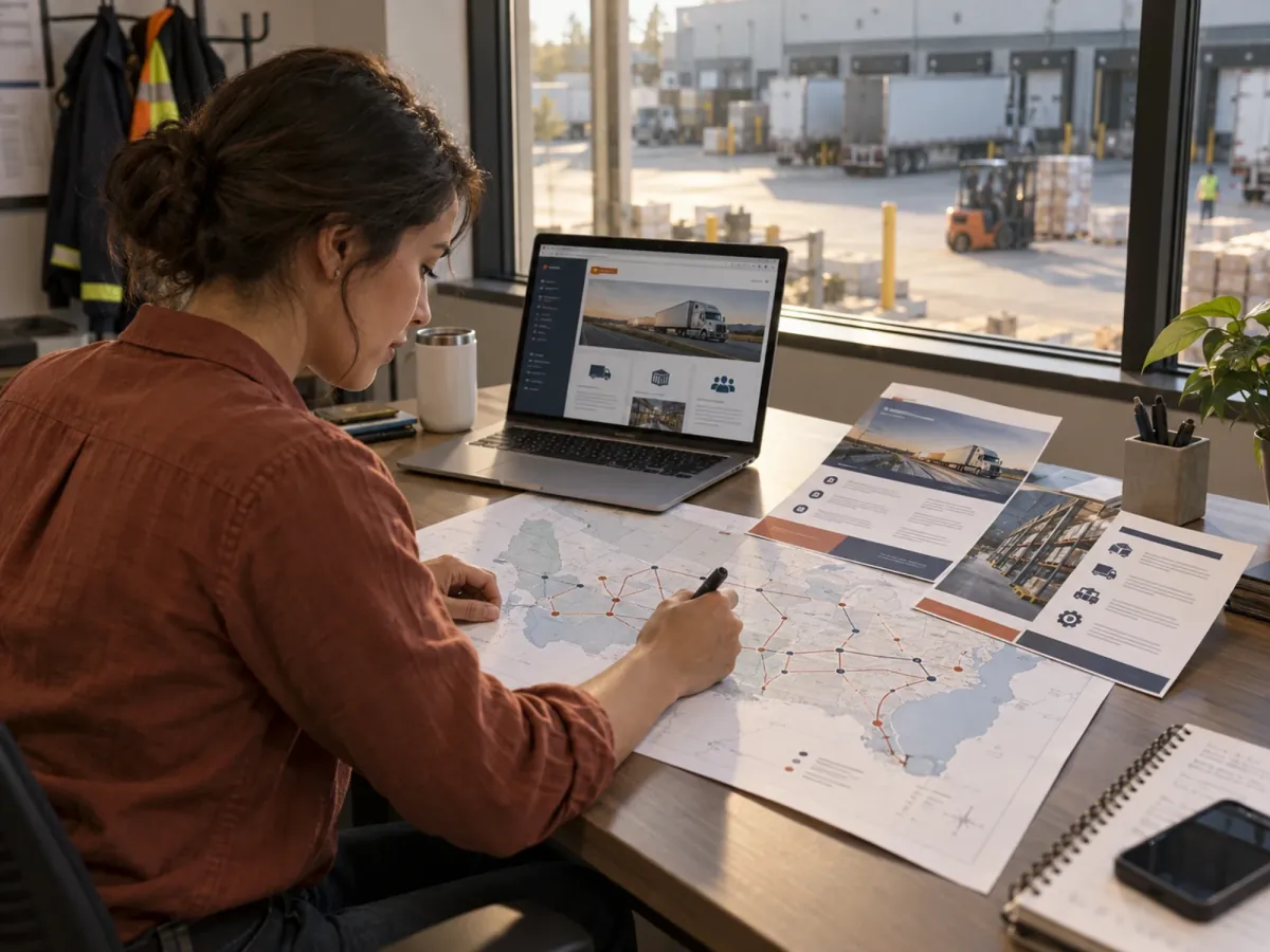 Logistics coordinator marking routes on a coverage map beside a laptop and printed sell sheets