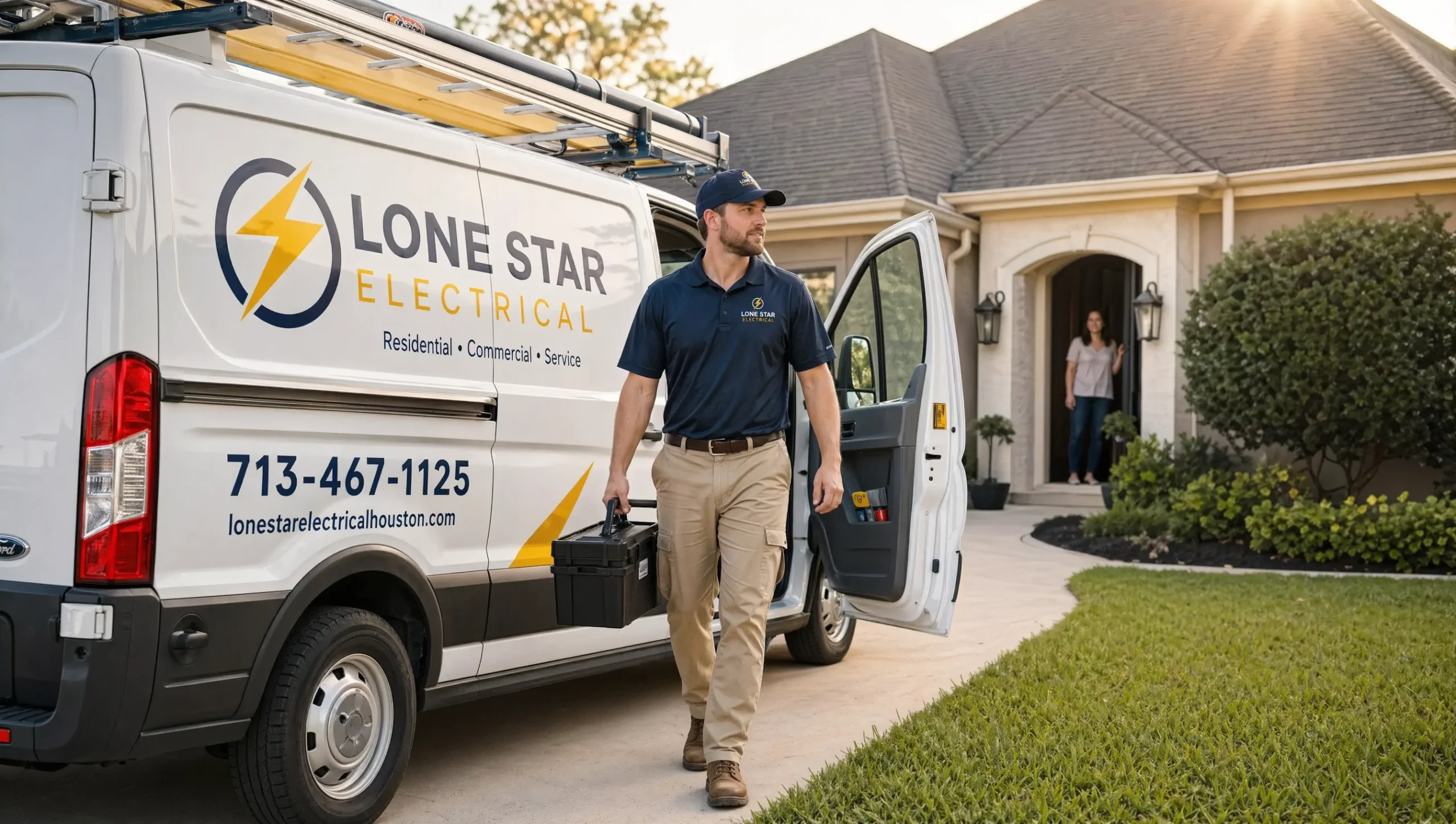 Houston electrician arriving at a job in a fully branded work van, projecting professional identity to the customer