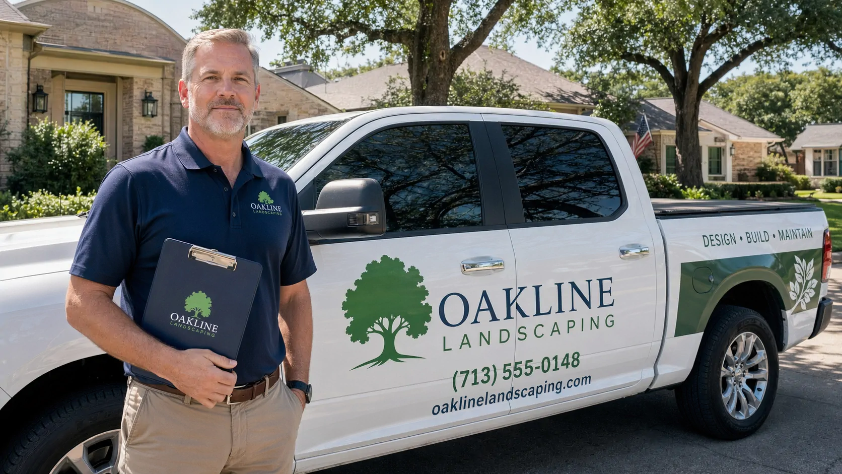 Houston landscaping business owner standing next to his branded pickup truck with logo and company colors