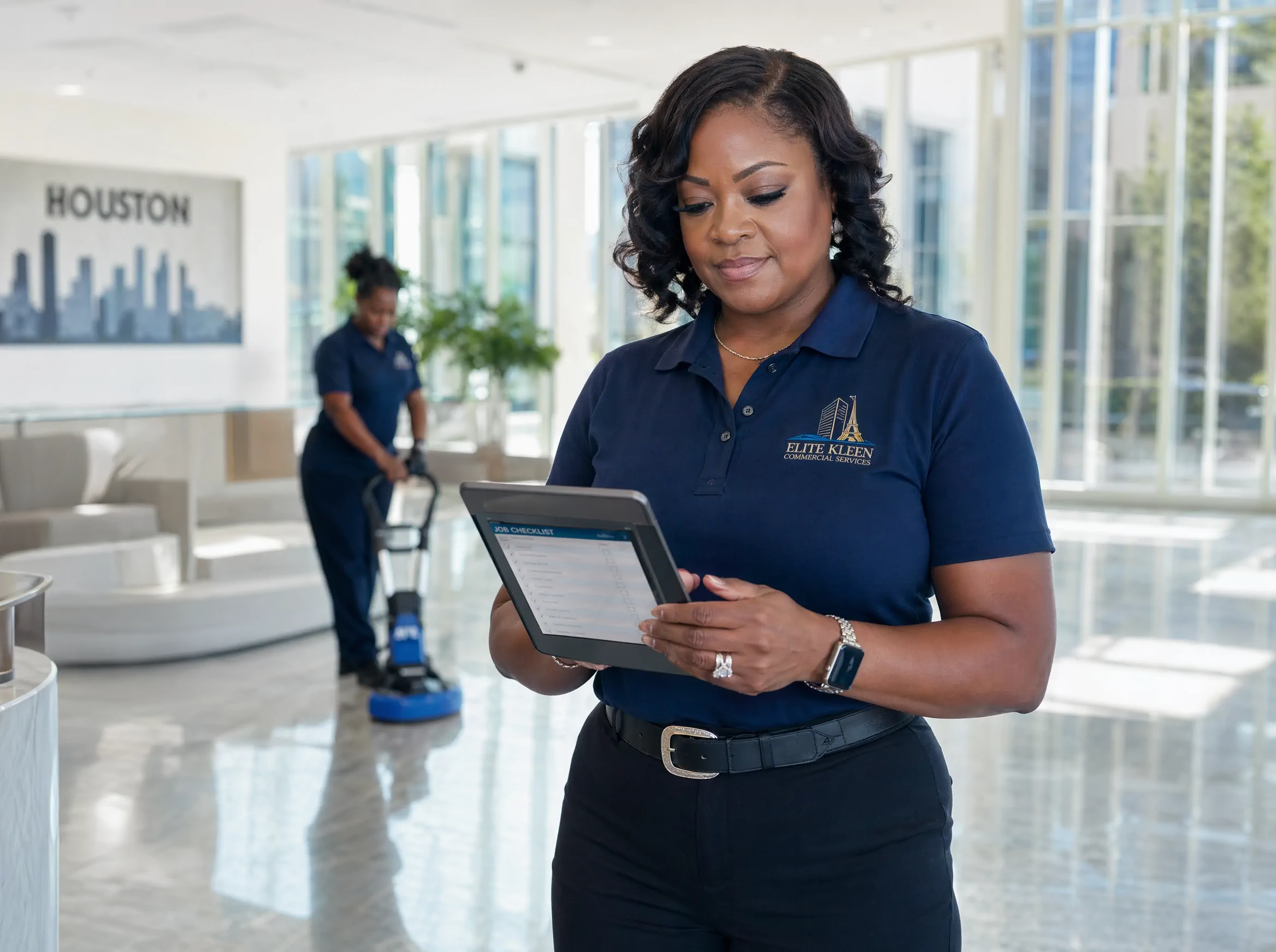Houston cleaning services business owner managing her team inside a commercial office space
