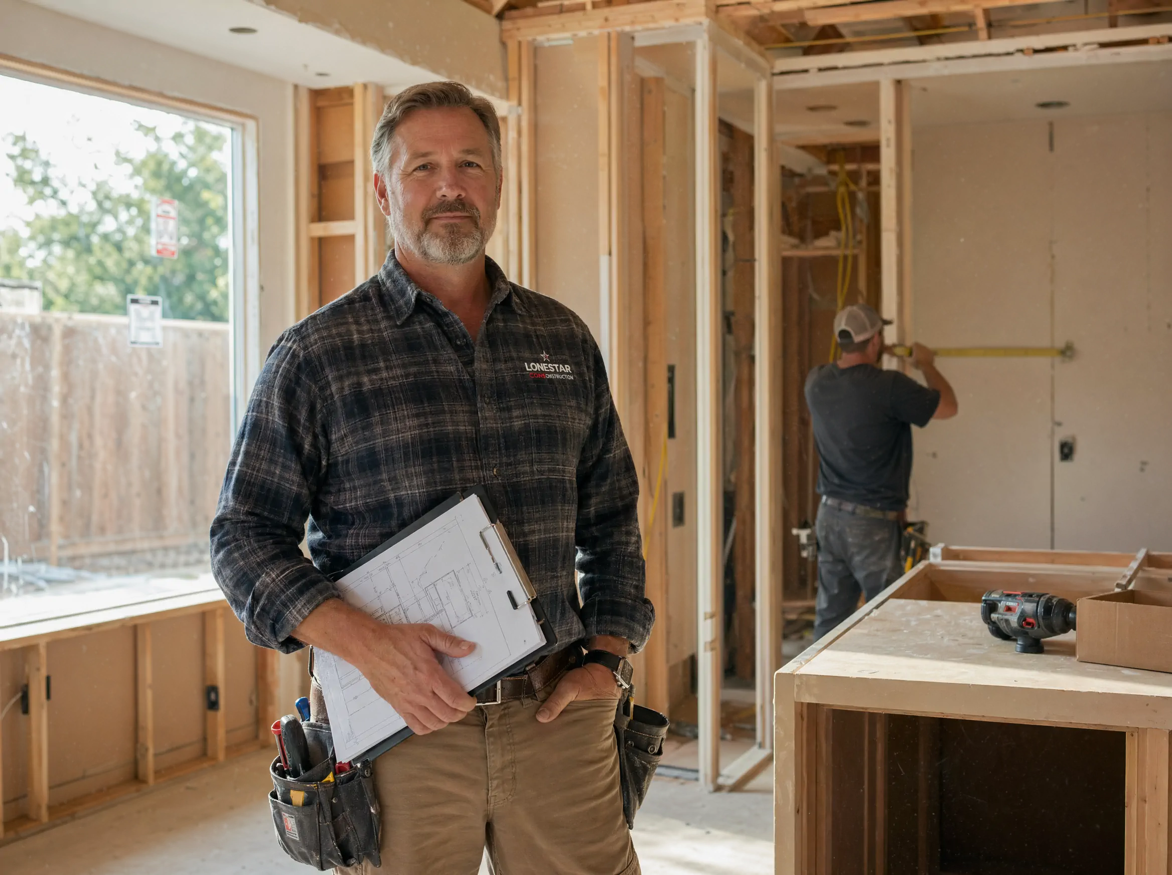 Houston general contractor reviewing blueprints inside an active kitchen remodeling project