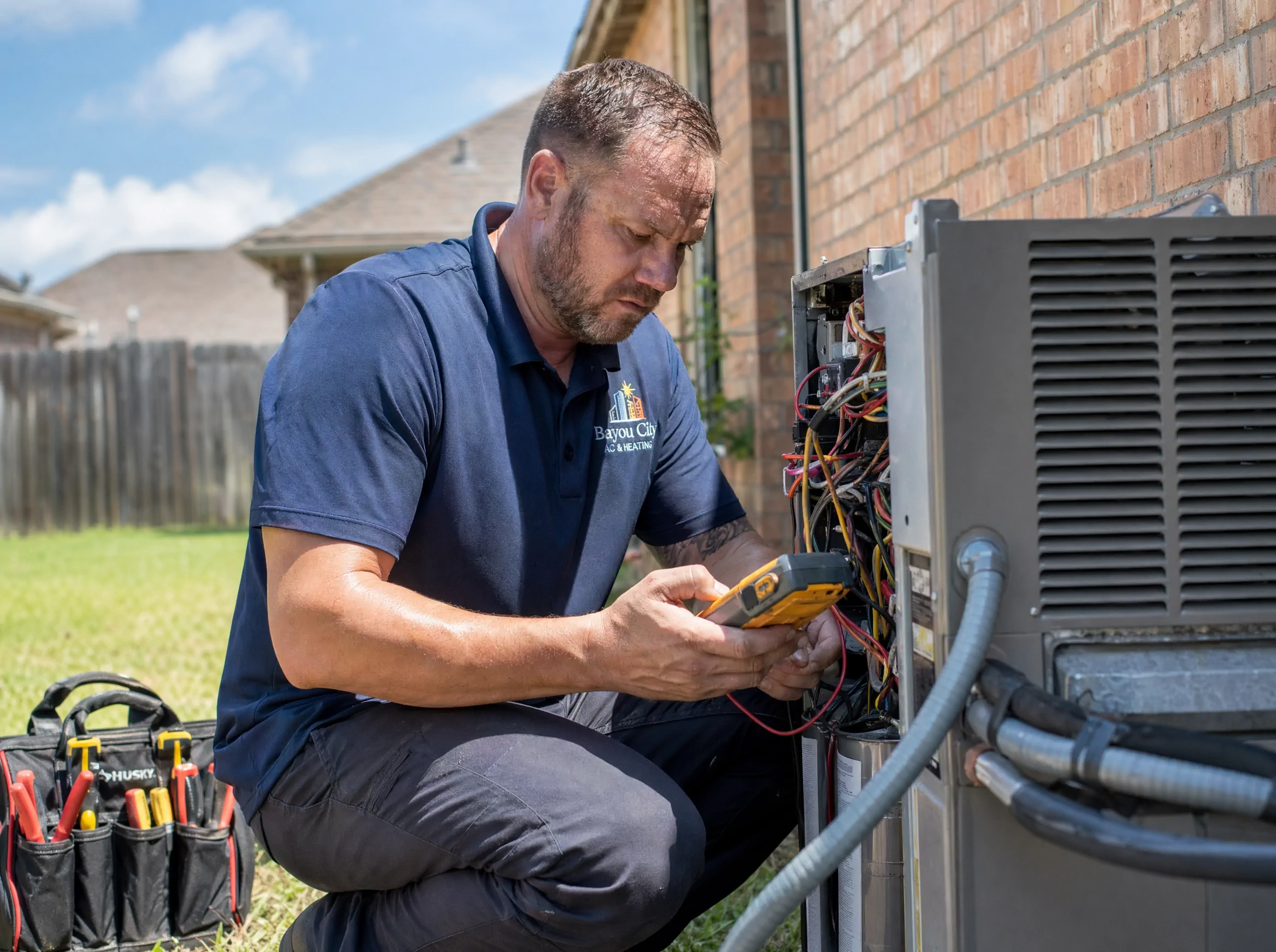 Houston HVAC business owner servicing a residential outdoor AC condenser unit