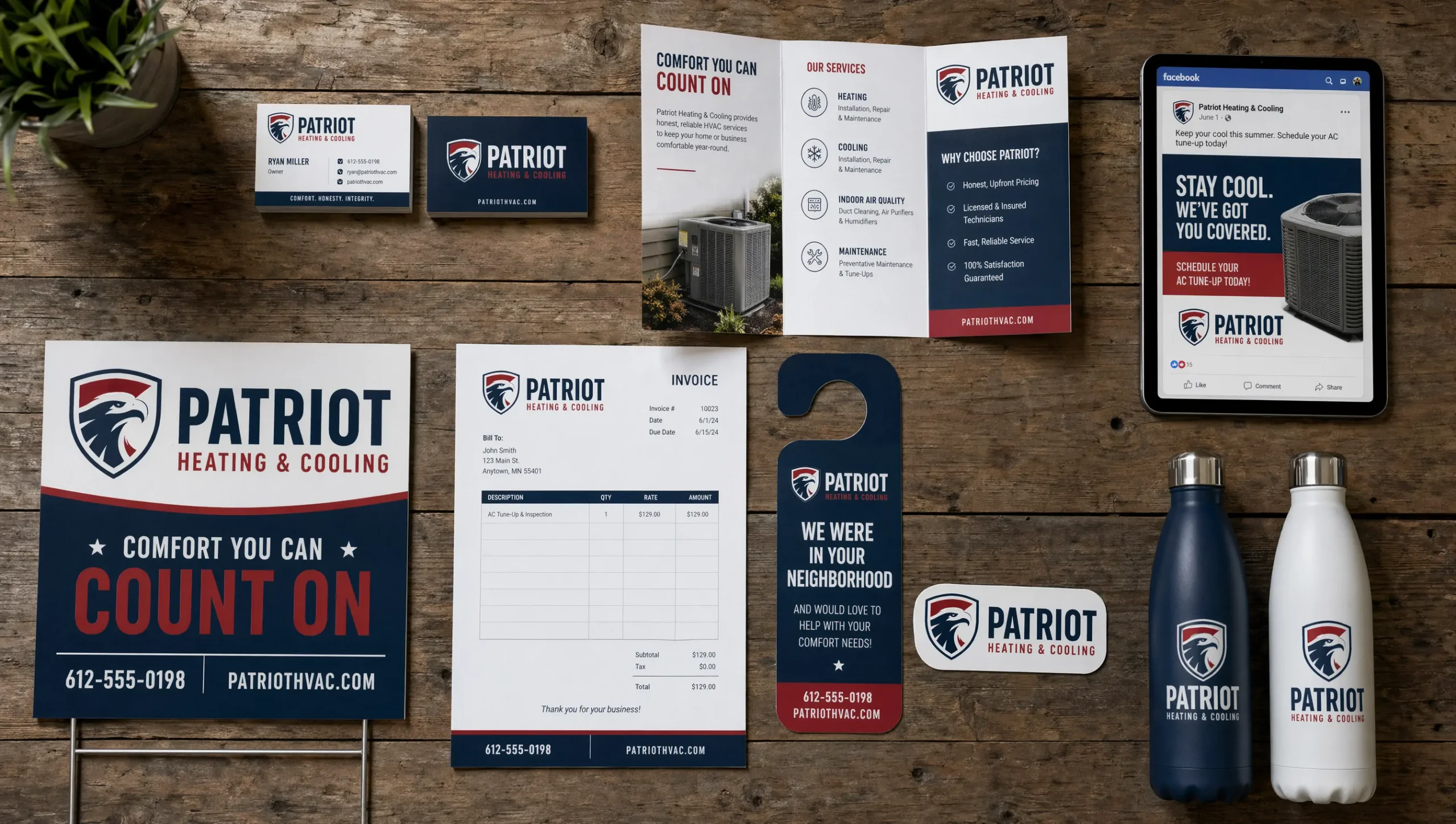 Complete set of branded print materials for a Houston HVAC company including business cards, flyers, yard signs, and vehicle magnets