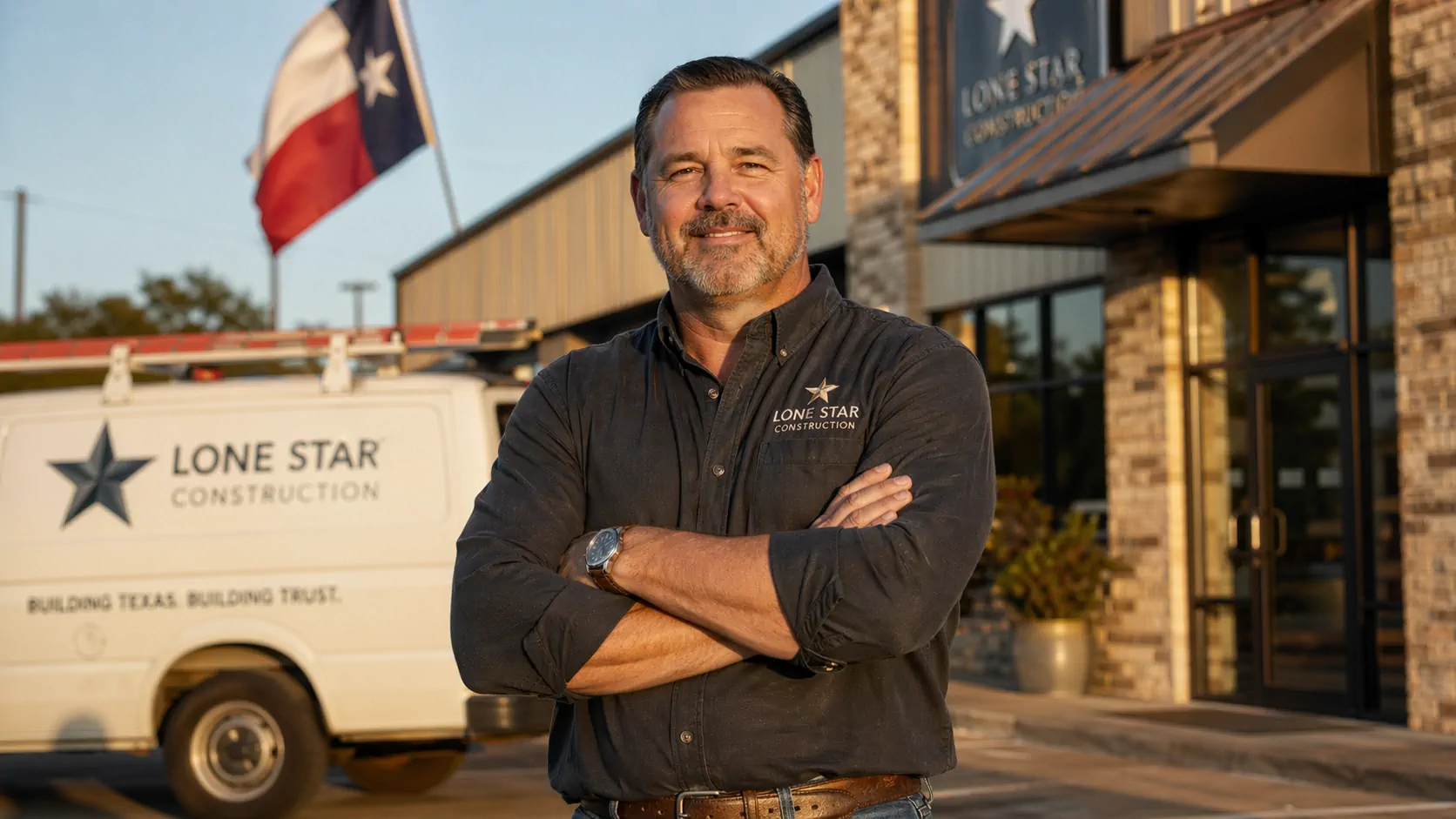 Houston small business owner standing in front of his storefront with branded work van