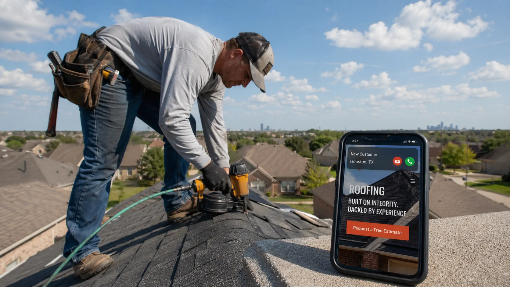 Houston roofing contractor working while his professional website receives customer calls