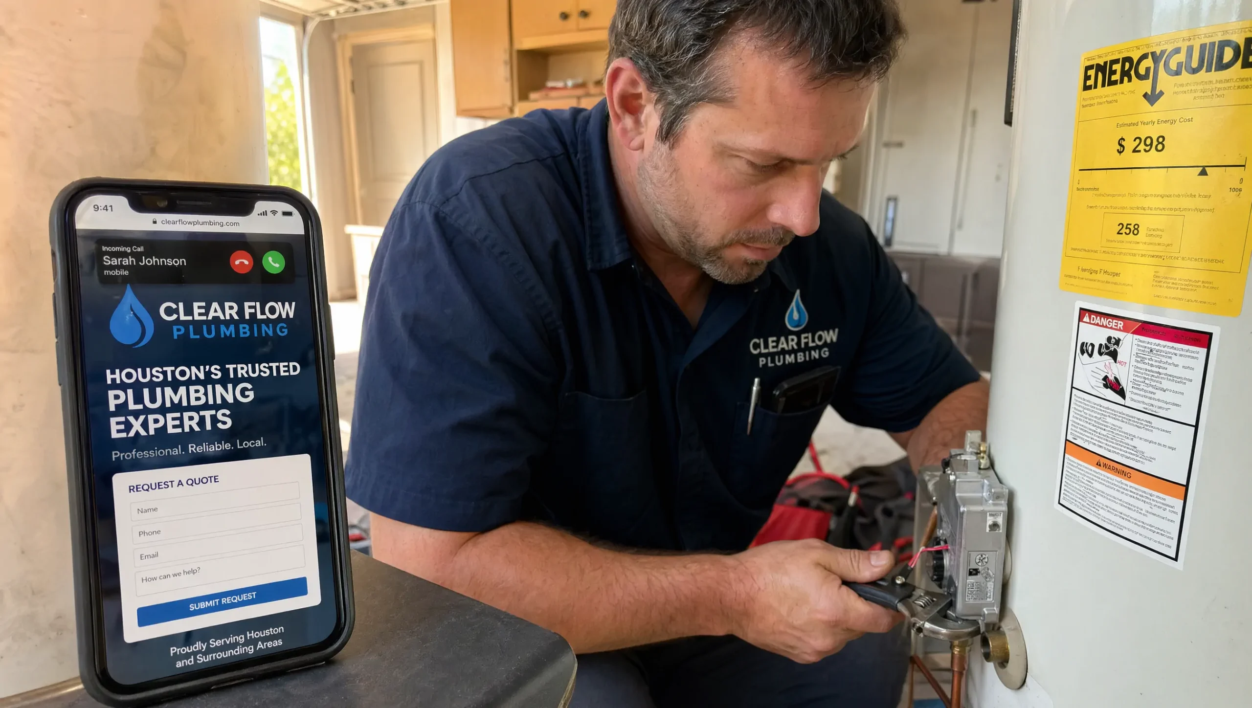 Houston plumber working on a water heater while his professional website handles customer inquiries