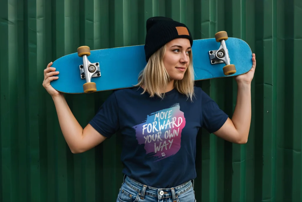 Chica con patineta tshirt azul marinoMove Forward