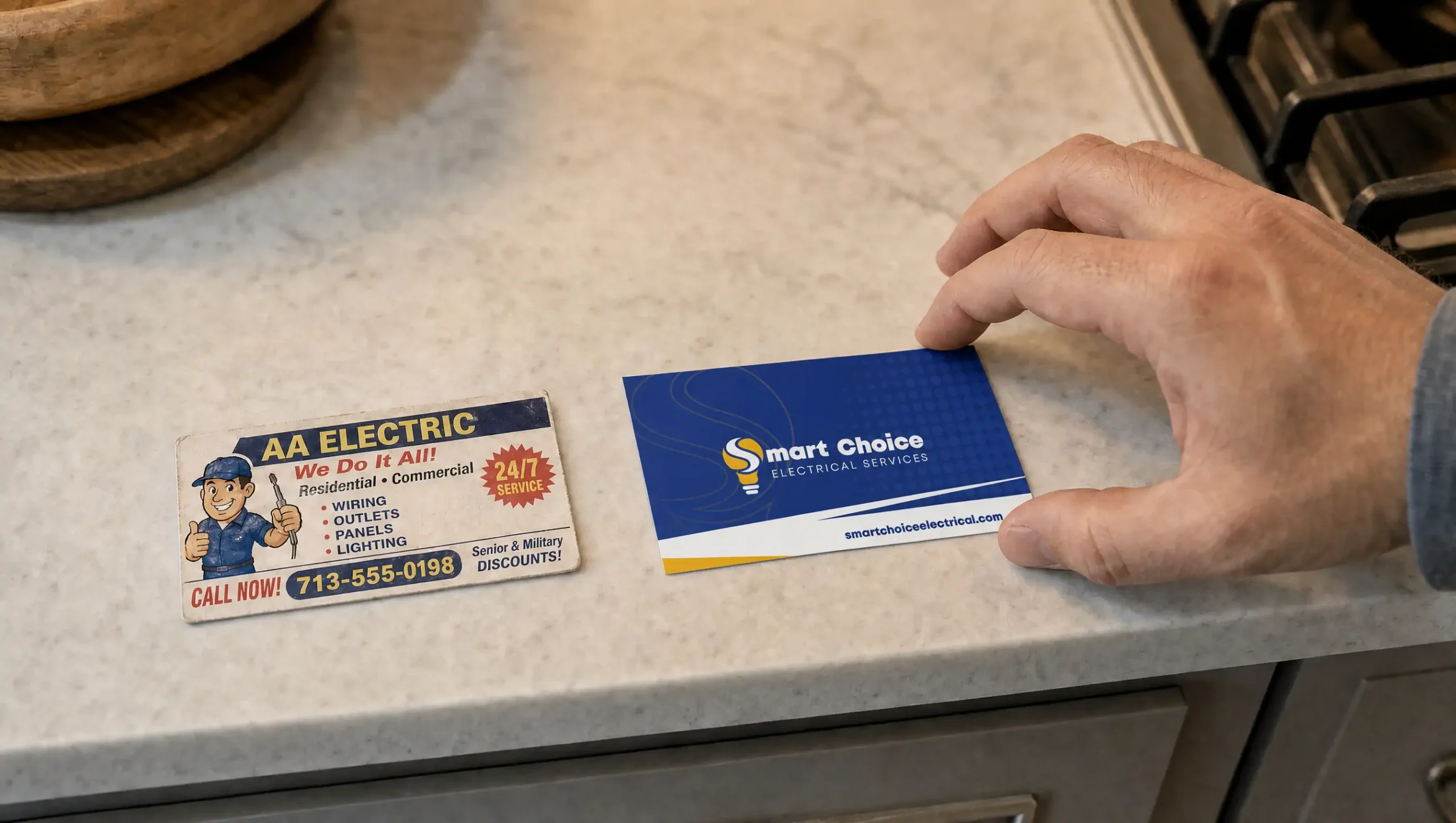 Side-by-side comparison of a cheap amateur business card and a professional one designed by Lobo and Company for a Houston service business