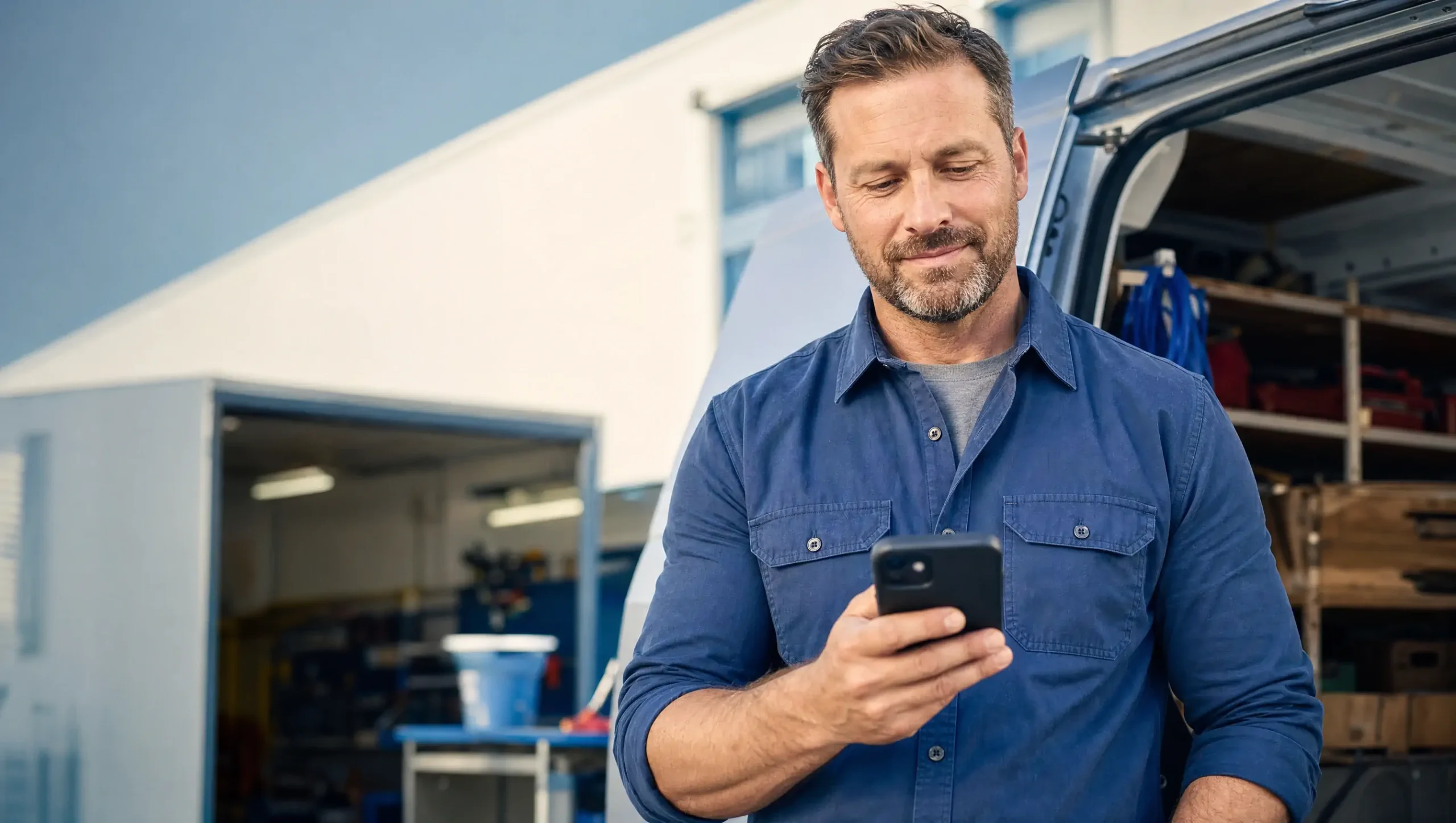 Houston small business owner checking new website on his phone