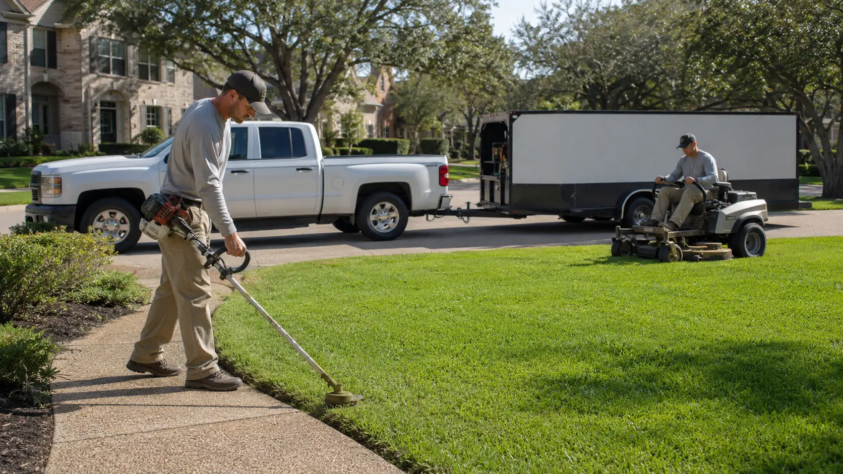 Landscaping crew working on a front lawn in a Houston suburban neighborhood