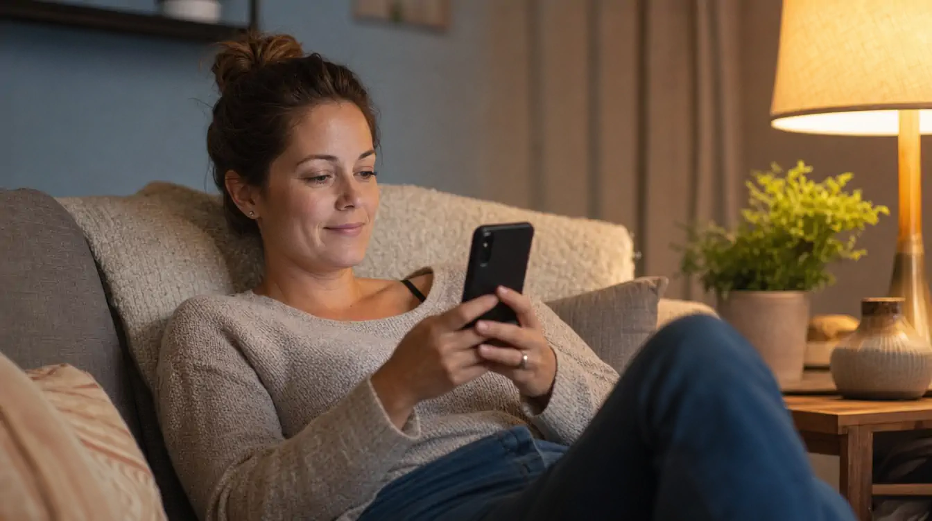 Homeowner relaxing at home browsing landscaping options on her phone in the evening