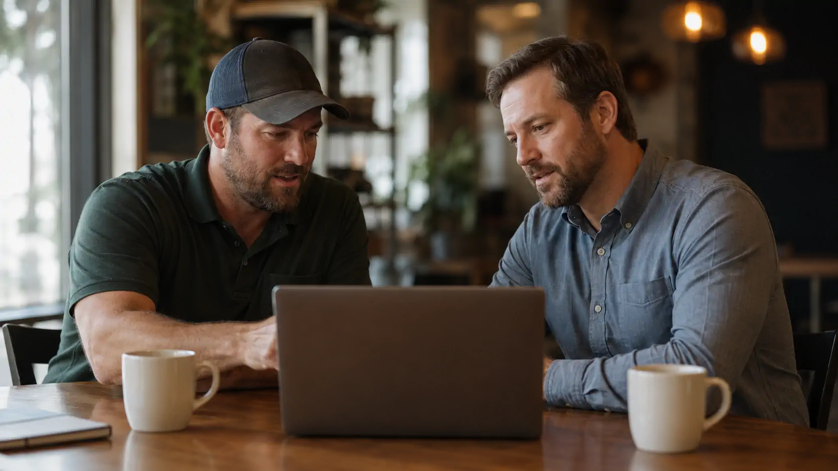 Houston marketing partner reviewing a website plan with a landscaping business owner over coffee