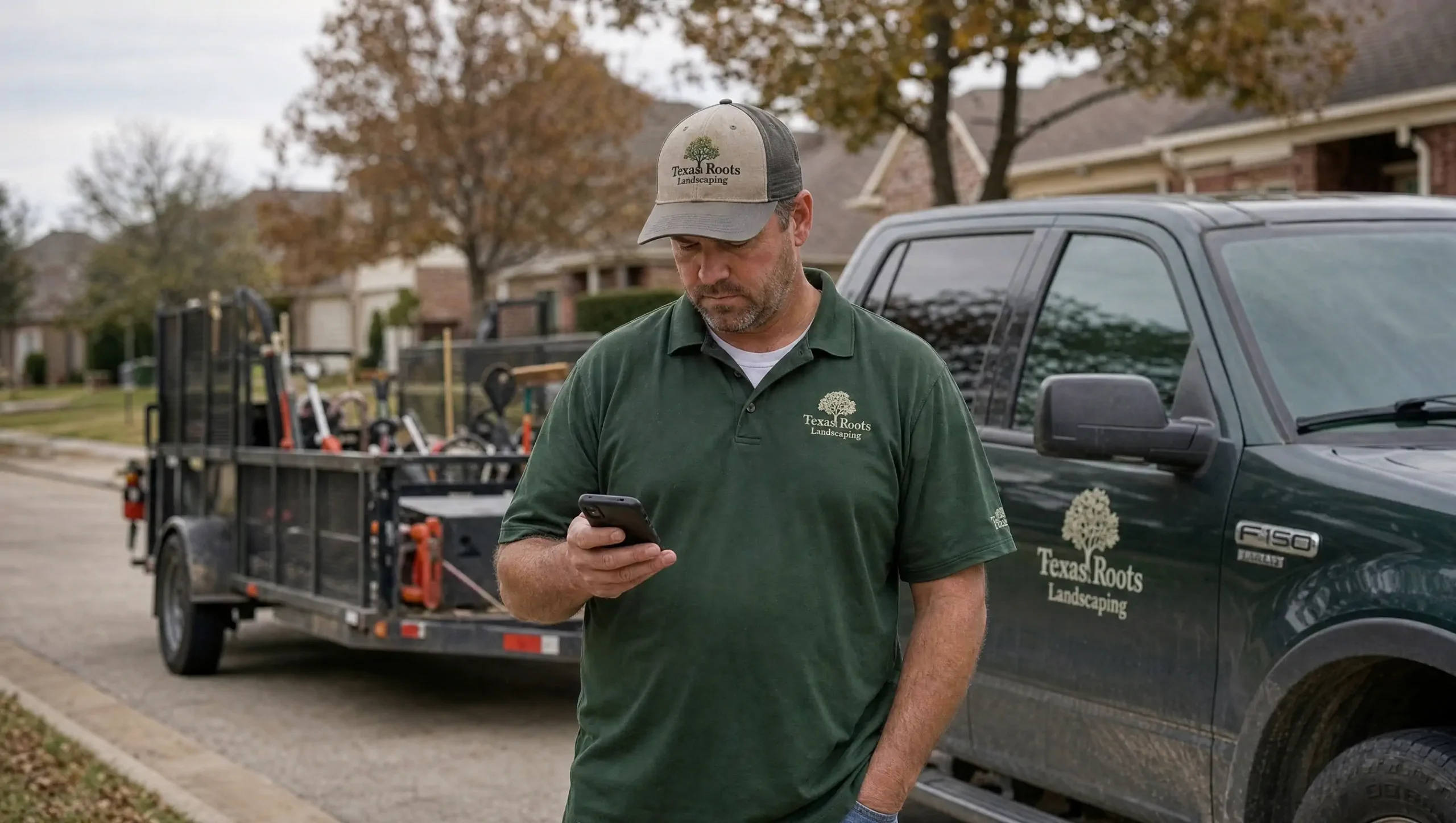 Landscaping business owner checking his phone between jobs, thinking about keeping work steady year-round