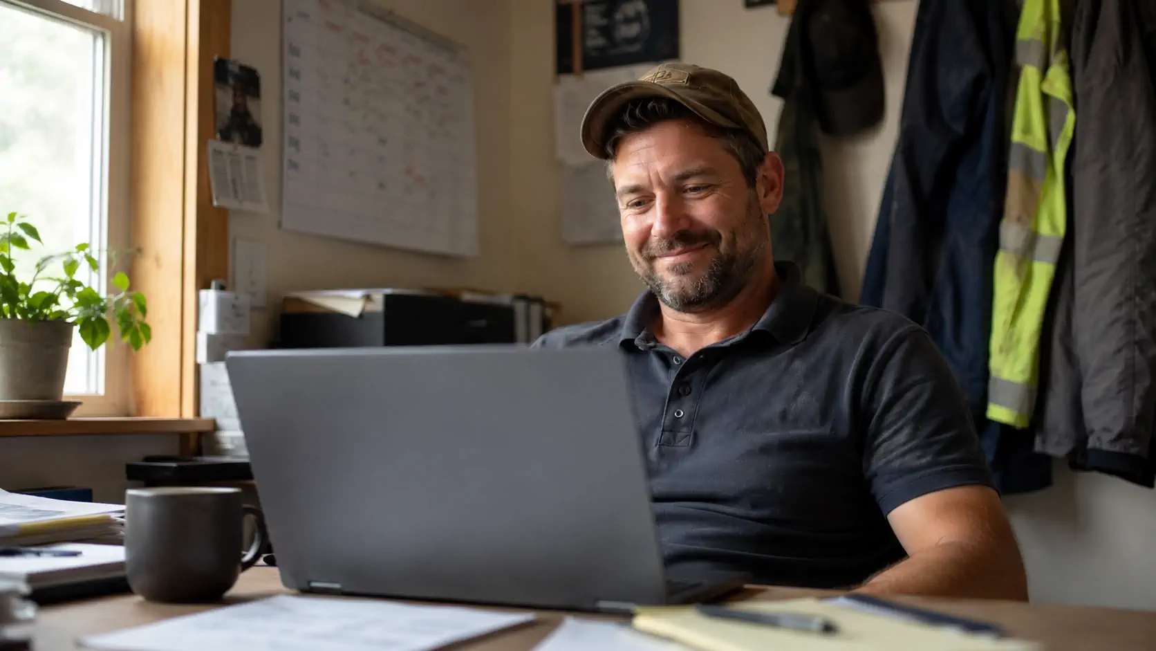 Houston landscaping business owner reviewing new job requests on his laptop in the off-season