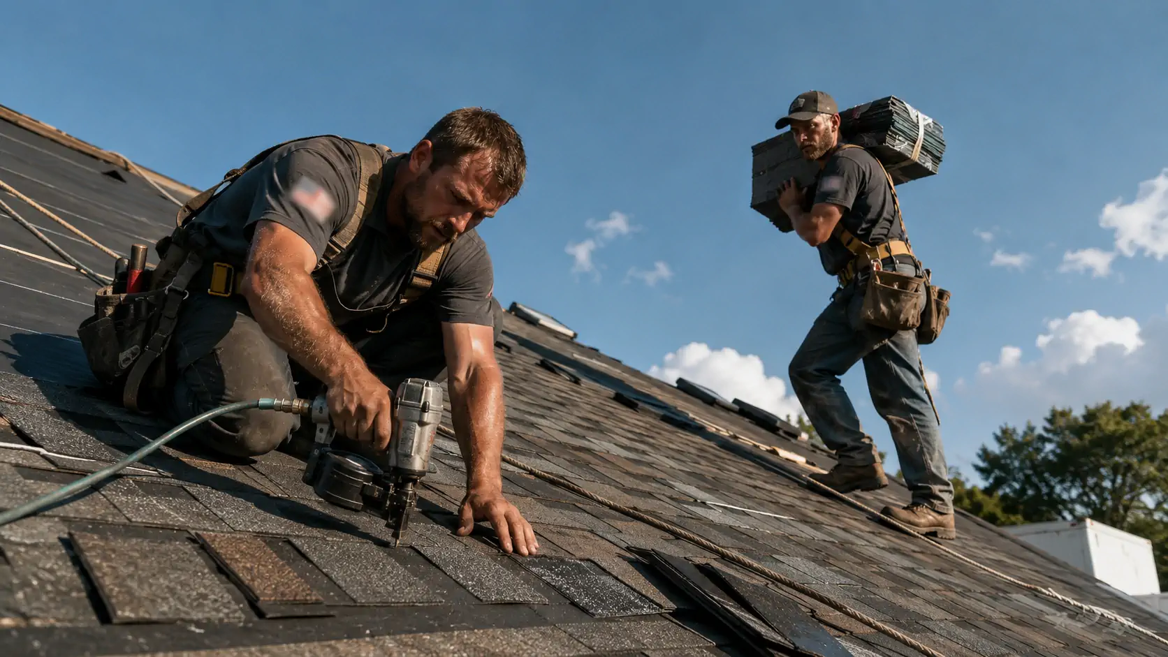 Roofing crew installing asphalt shingles on a Houston home