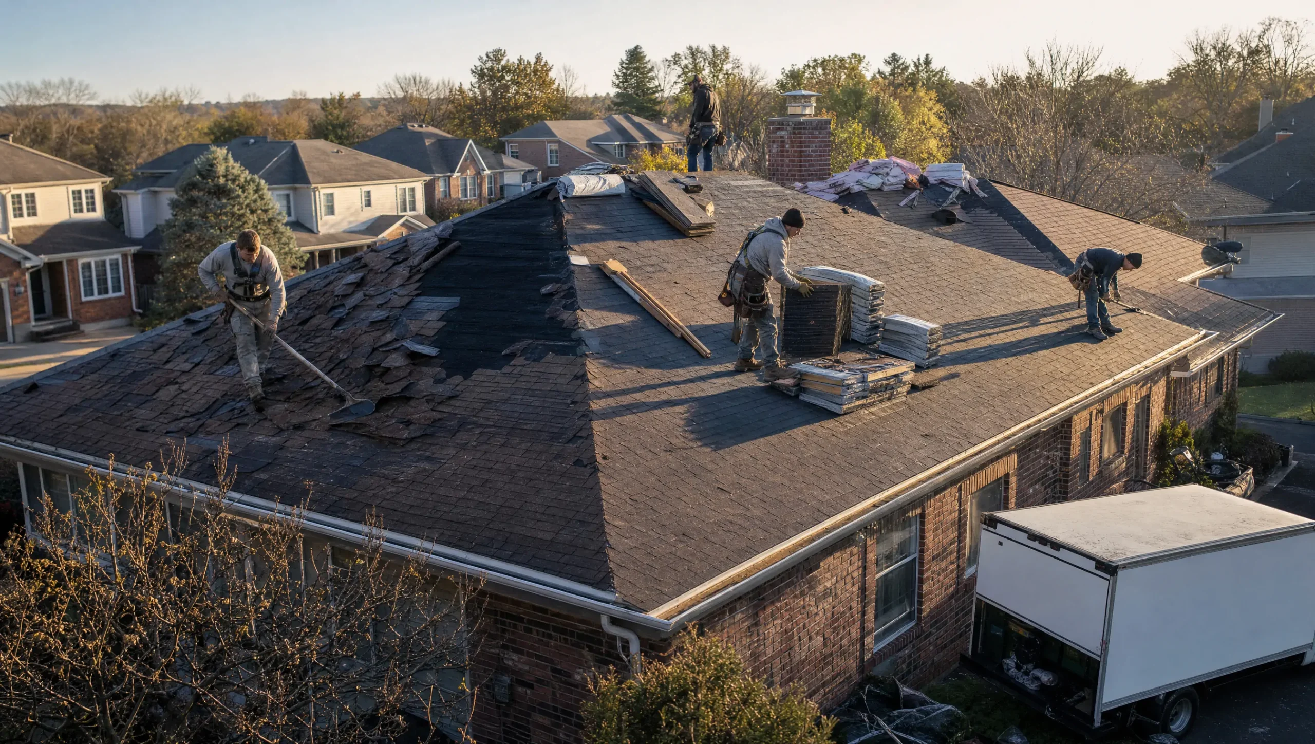 Roofing team replacing shingles on a residential roof in Houston