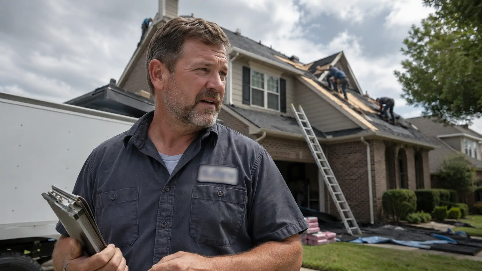 Roofing company owner inspecting a residential roof project in a Houston neighborhood