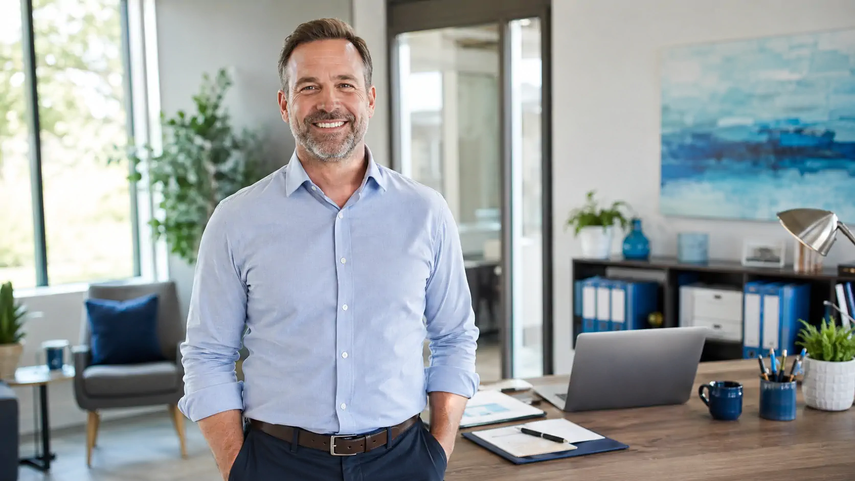Confident Houston tax preparer in a bright professional office