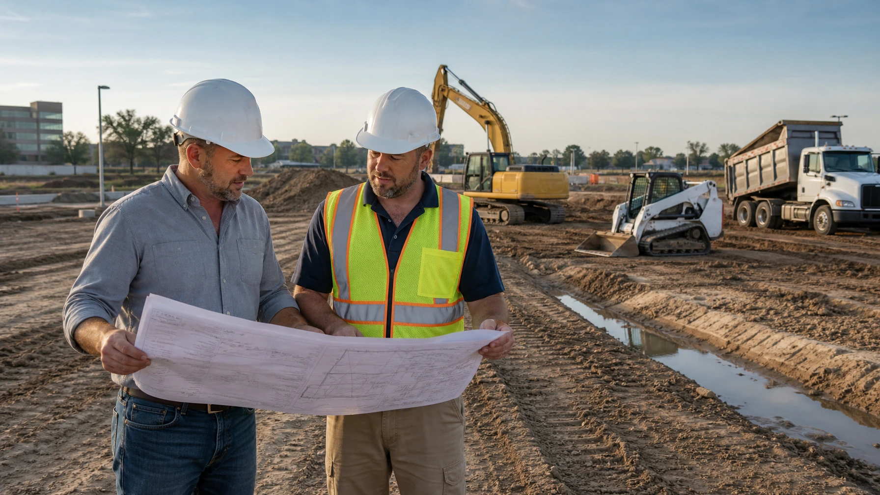 Houston site prep contractor reviewing plans with a general contractor at a commercial jobsite