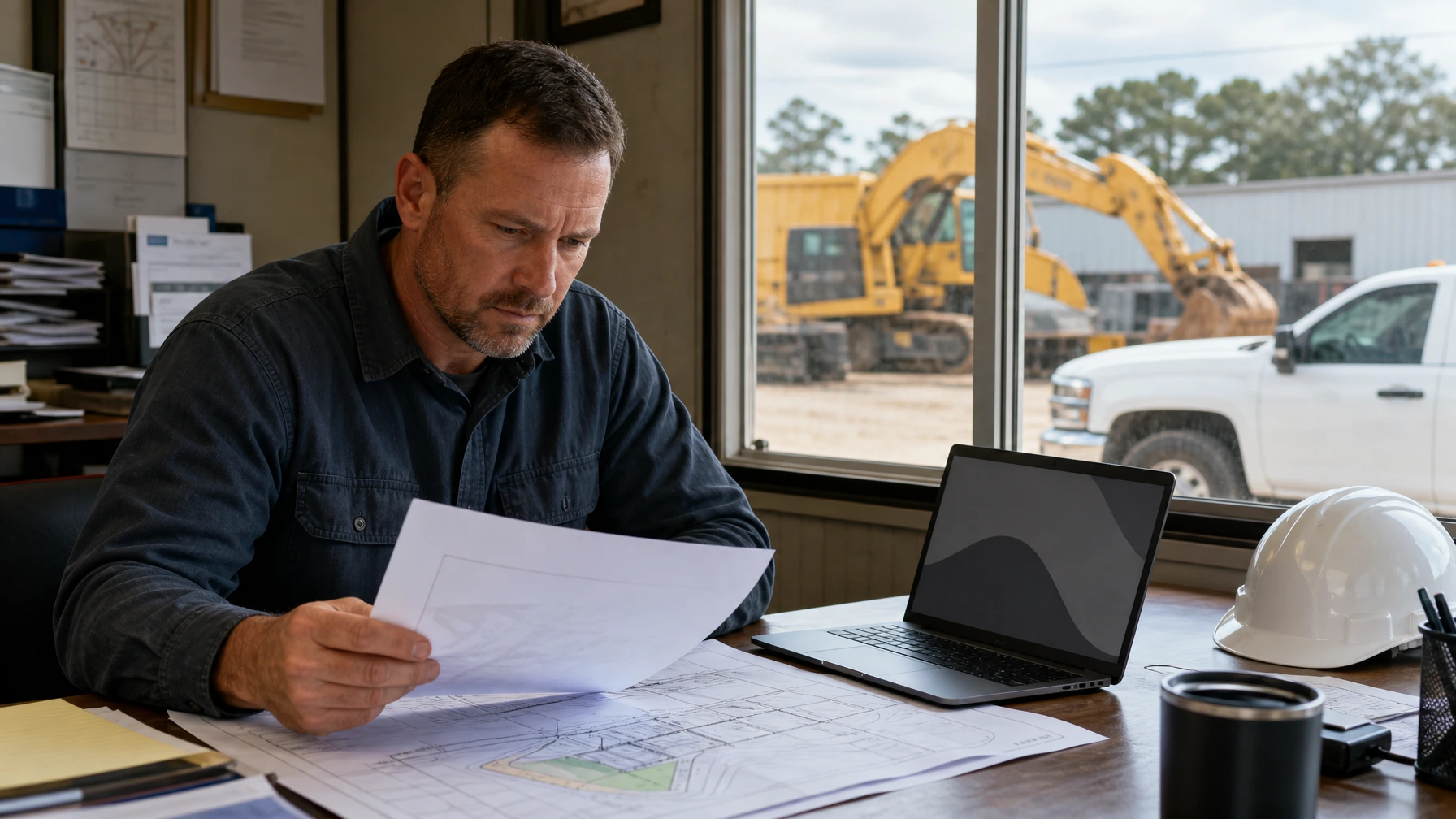 Houston site prep business owner reviewing a commercial project bid in his office